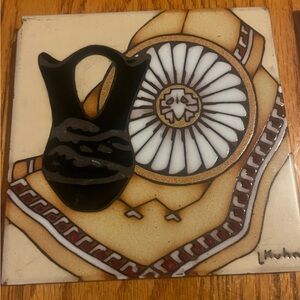 Earth tones Decorative Ceramic Tile with Black and Brown Design